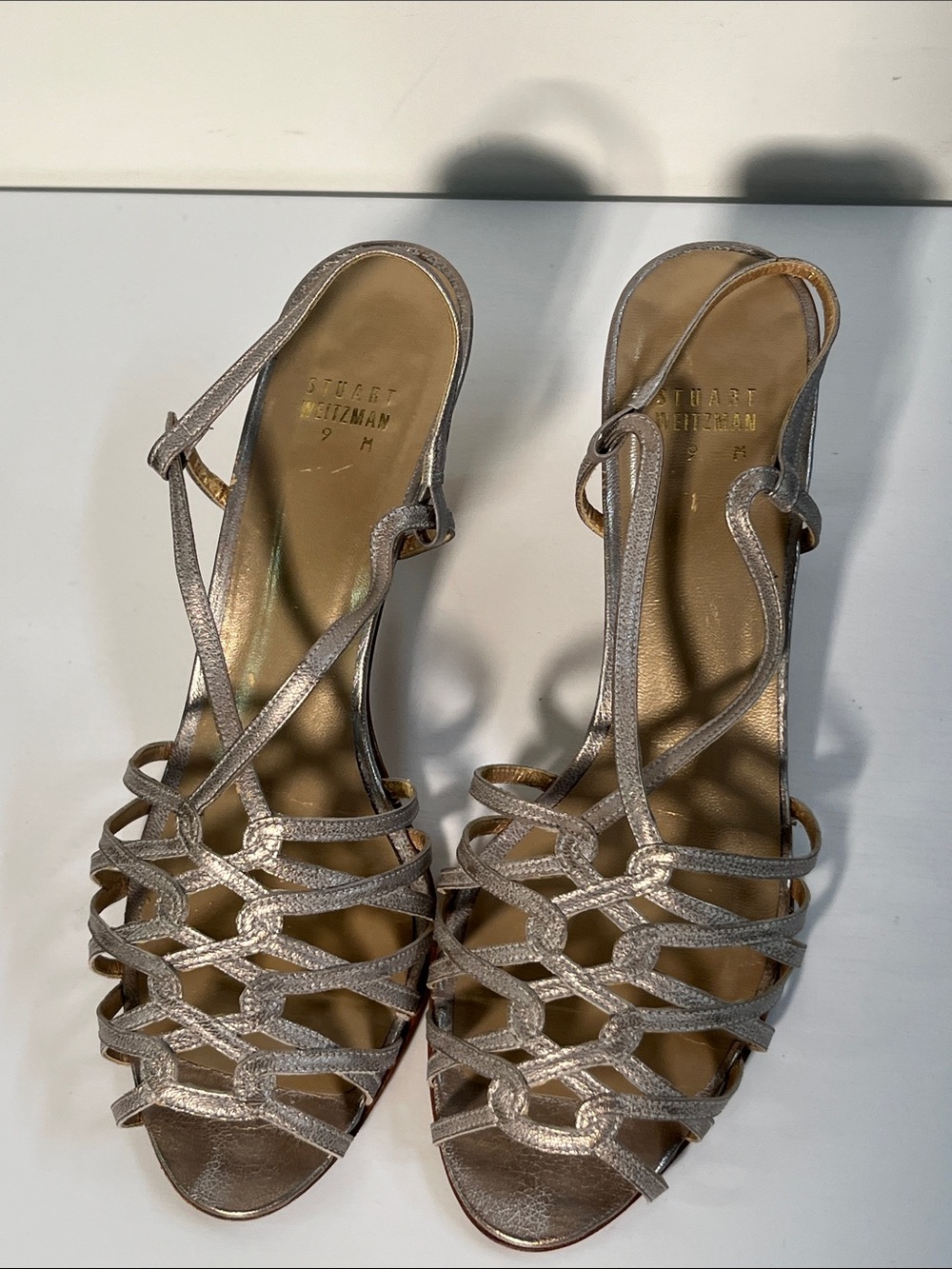 STUART WEITZMAN Evening Event Silver Metallic Strappy Stacked Heel Sandals SZ 9M - Picture 2 of 13